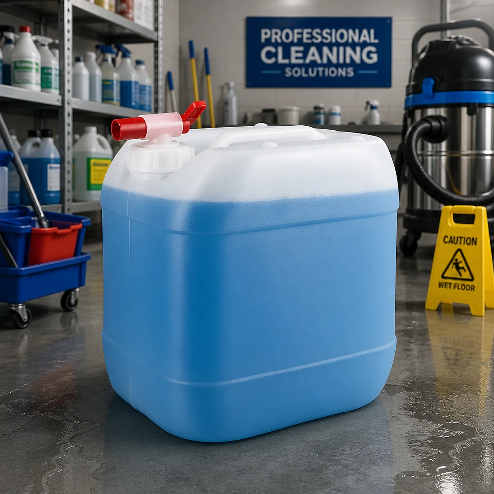 Grand bidon de 15 L avec robinet, rempli de produit nettoyant bleu, vendu en gros