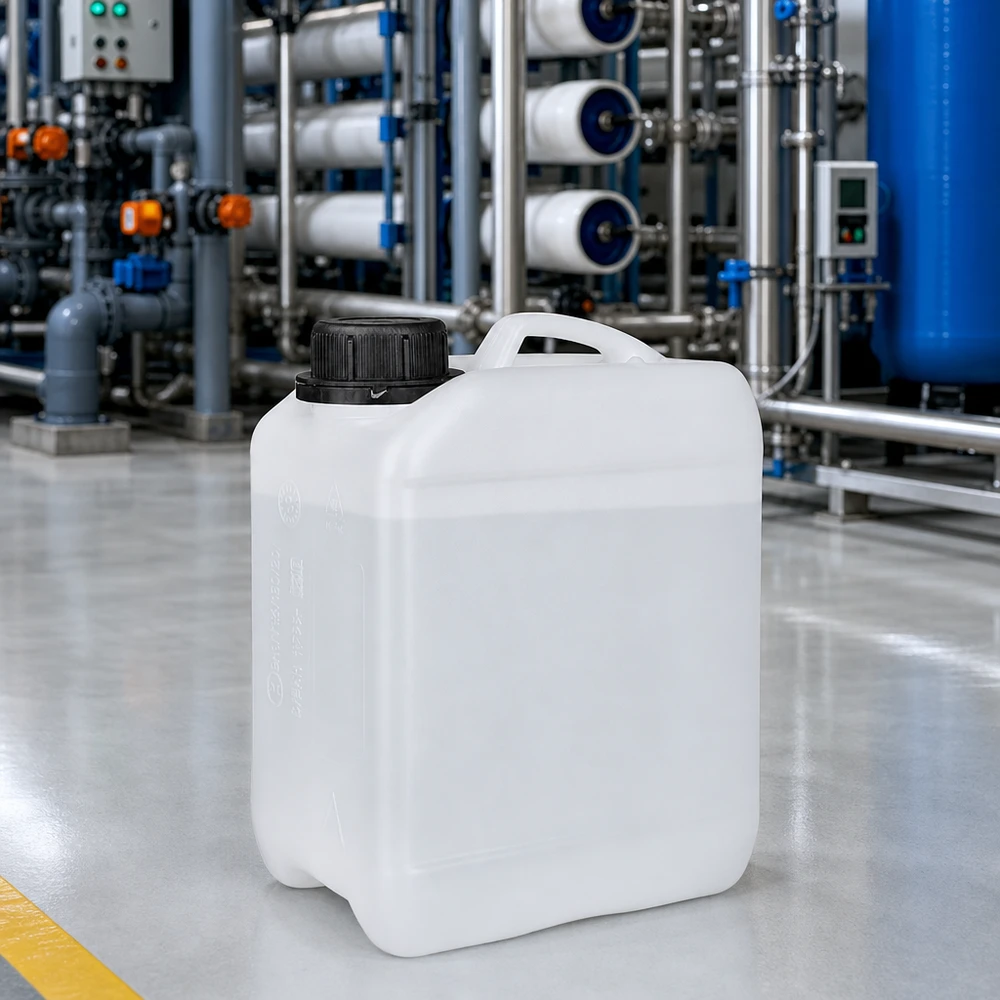 Bidon de produits chimiques portable de 2,5 L, transparent naturel, avec un couvercle noir nervuré, dans un hangar industriel