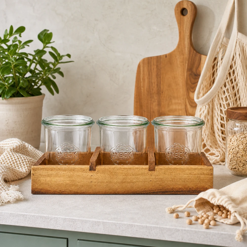 Planche à servir Box3 Bois d'acacia trois bocaux vides WECK Scène de cuisine avec plante Planche à découper Verres de rangement naturel