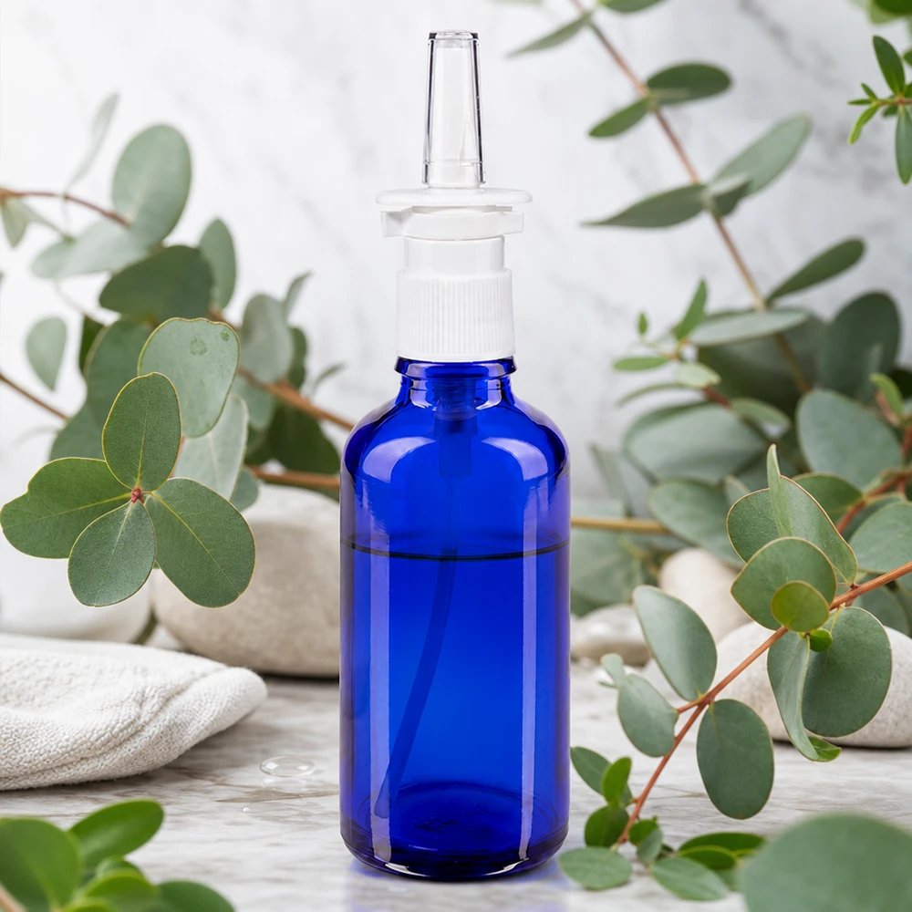 Flacon médical en verre bleu cobalt de 50 ml, muni d'un embout nasal transparent et d'une pompe blanche