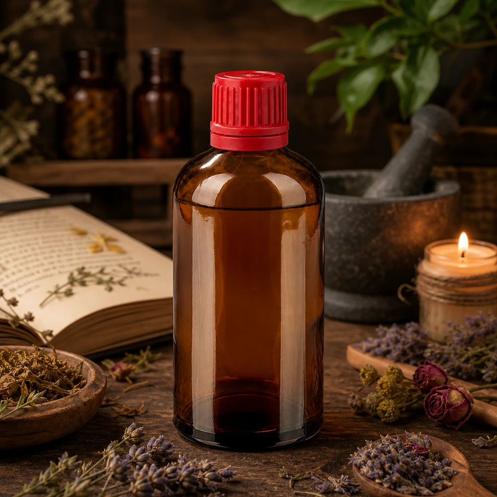 Flacon 100ml 11mm SV rouge OV BrownLine UT18/100 Bouteille de pharmacie 100ml en verre brun avec un bouchon à vis rouge pratique