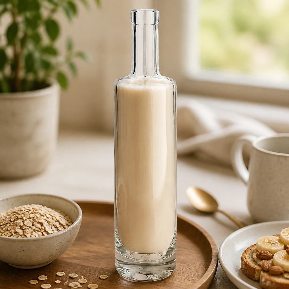 Flacon en verre 500 ml « Lina » sans bouchon UNiTWIST® Bouteille en verre Lina de 500 ml remplie de lait d'avoine dans un setting de cuisine élégant avec flocons d'avoine et petit déjeuner Image 3