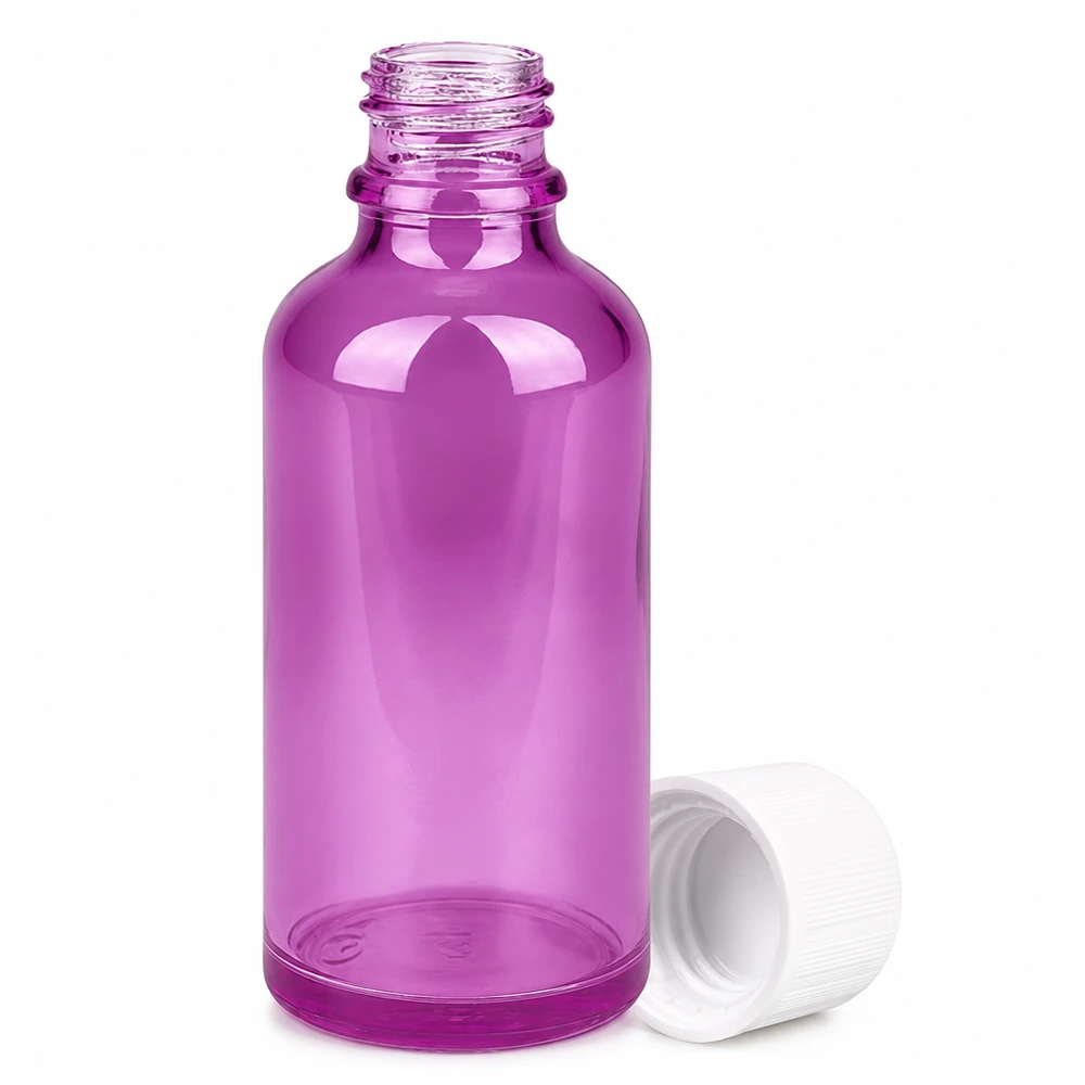 Flacon 50ml bouchon à vis 11mm blanc standard sécurité enfant PurpleLine UT18/50 Petit flacon de 50 ml en verre violet avec bouchon de sécurité blanc pour usage en laboratoire