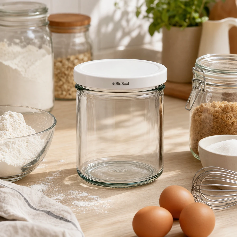 UNiTWIST 167ml Bocal vide Scène de cuisine Ingrédients de cuisson Oeufs Farine blanc TO66 BioSeal Couvercle Conservation des aliments
