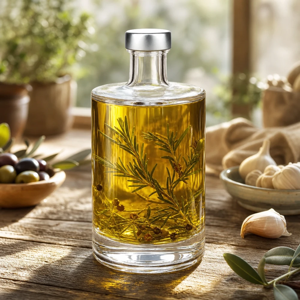 Bouteille en verre 500 ml « Sam » et bouchon à vis argenté UNiTWIST® Bouteille en verre de 500ml Sam remplie d'huile aux herbes romarin entre l'ail les olives scène de cuisine méditerranéenne
