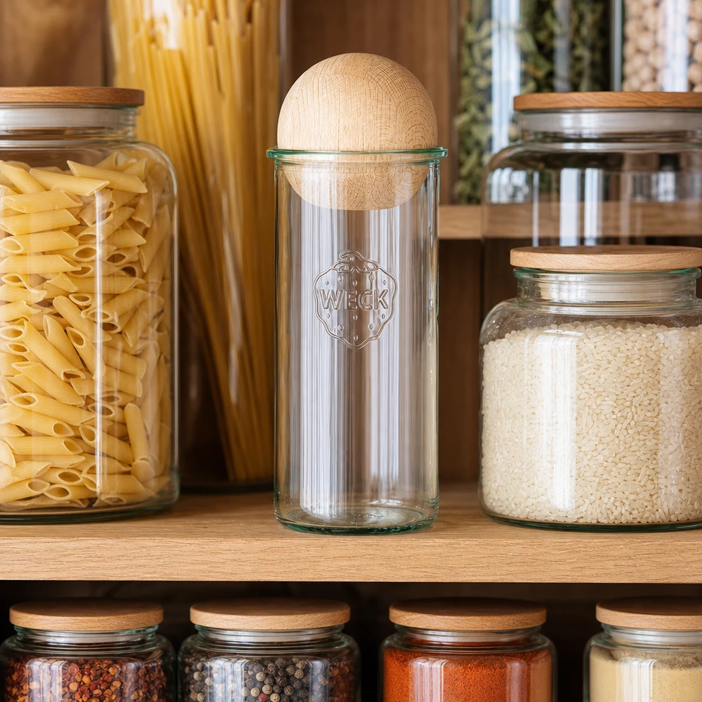 WECK RR100 Verre renversé 1500ml dans un environnement de pantry à côté des pâtes et du riz, couvercle en bois sphérique en hêtre visible