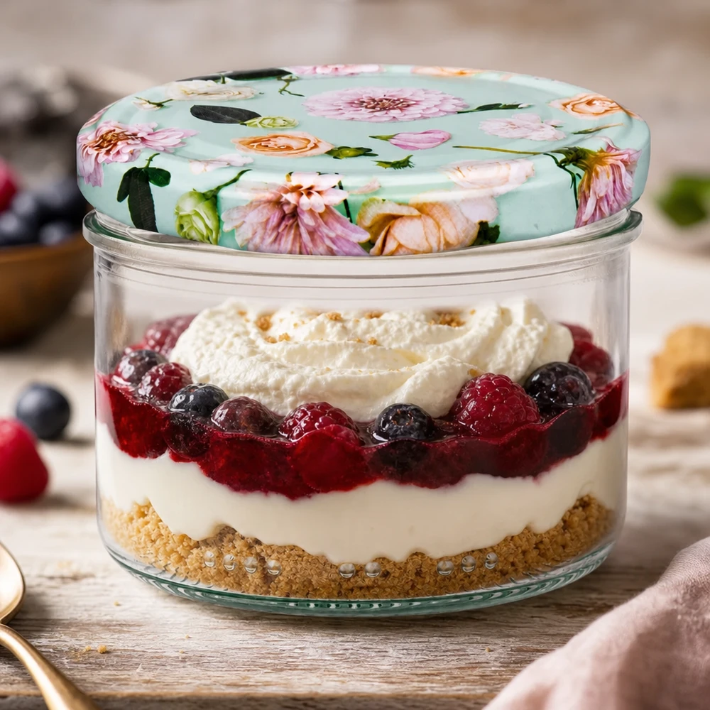 Pot cylindrique de 230 ml + couvercle BasicSeal en forme de fleur de menthe 230ml Zylinderglas mit BasicSeal Deckel Blume mint für Desserts - Schichtdessert mit Beeren und Sahne im Vorratsglas