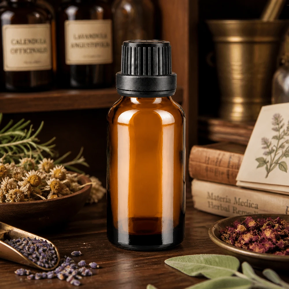 Flacon compte-gouttes ApoGlas de 20 ml, de couleur marron, avec un insert de 2 mm, inspiré des anciens ouvrages de pharmacopée sur les plantes médicinales