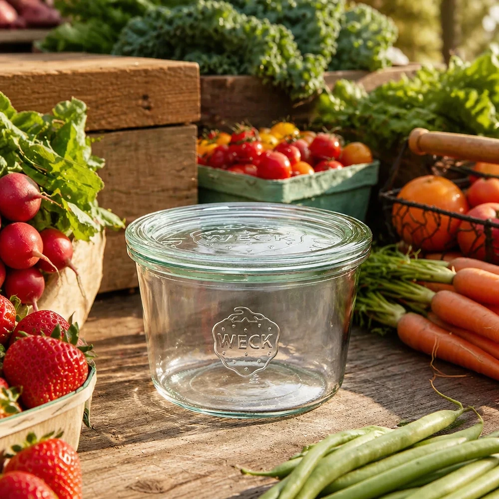 Bocal en verre de 370 ml avec couvercle en verre WECK RR100 WECK Pot renversé 370ml RR100 entouré de légumes et de fruits frais sur une table en bois comme photo de style de vie
