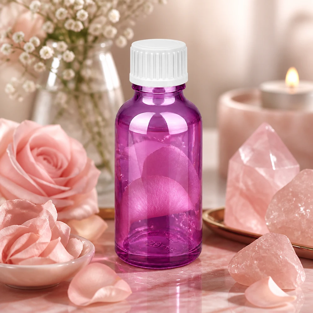 Flacon de 30ml (globules). Anneau de coulée 3mm blanc Standard PurpleLine. UT18/30 Flacon en verre pourpre de 30ml avec couvercle blanc pour cosmétiques naturels faits maison