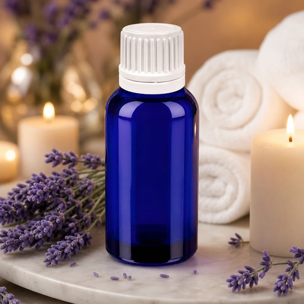 Flacon compte-goutte 30ml 0.7mm blanc OV BlueLine UT18/30 Le verre bleu du flacon de 30 ml protège parfaitement les ingrédients des rayons UV.