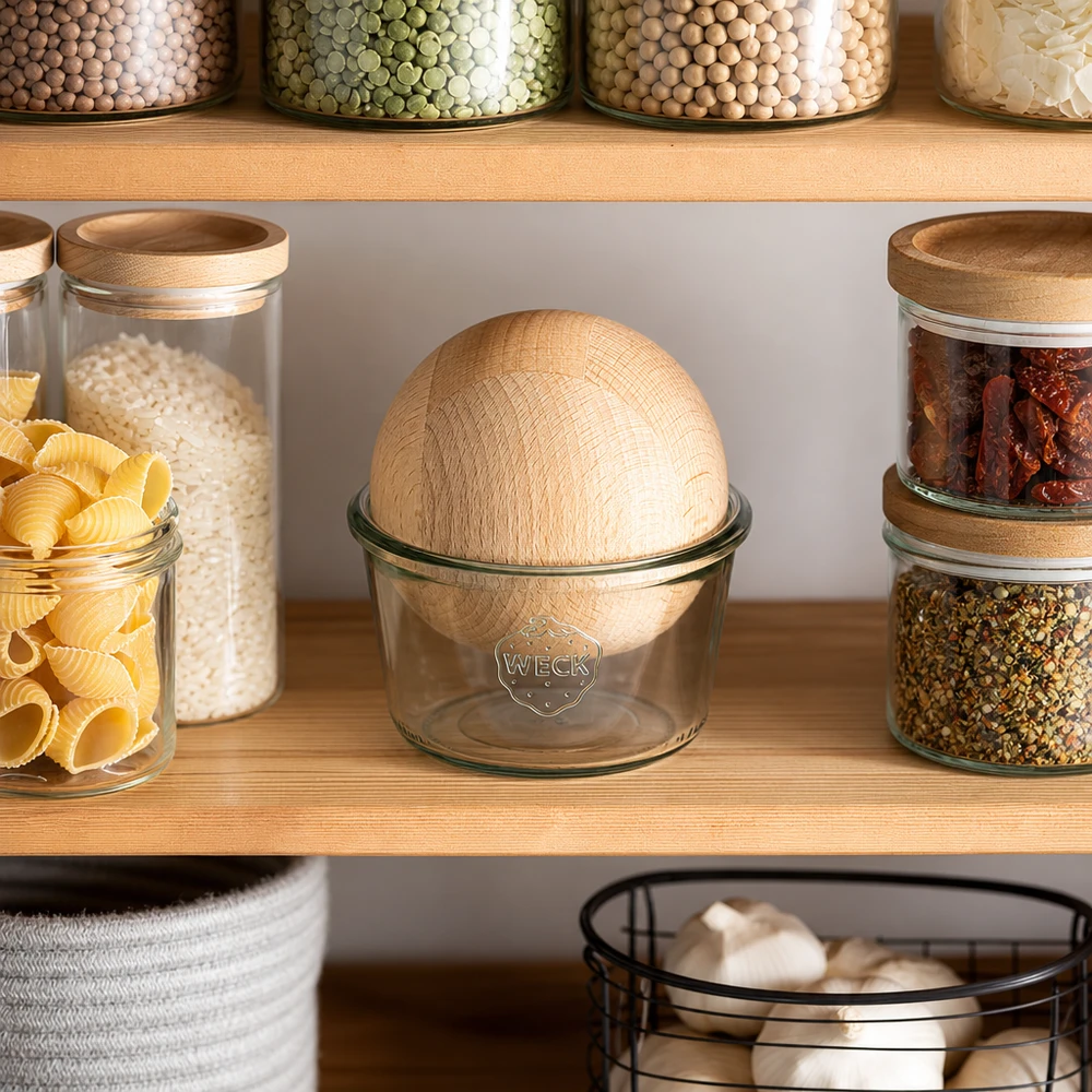 370ml bocal conique WECK RR100 avec boule en bois en hêtre WECK Bocal 370ml RR100 Conservation des bocaux Pantry Organisation Bois de hêtre Boule Couvercle Armoire de cuisine