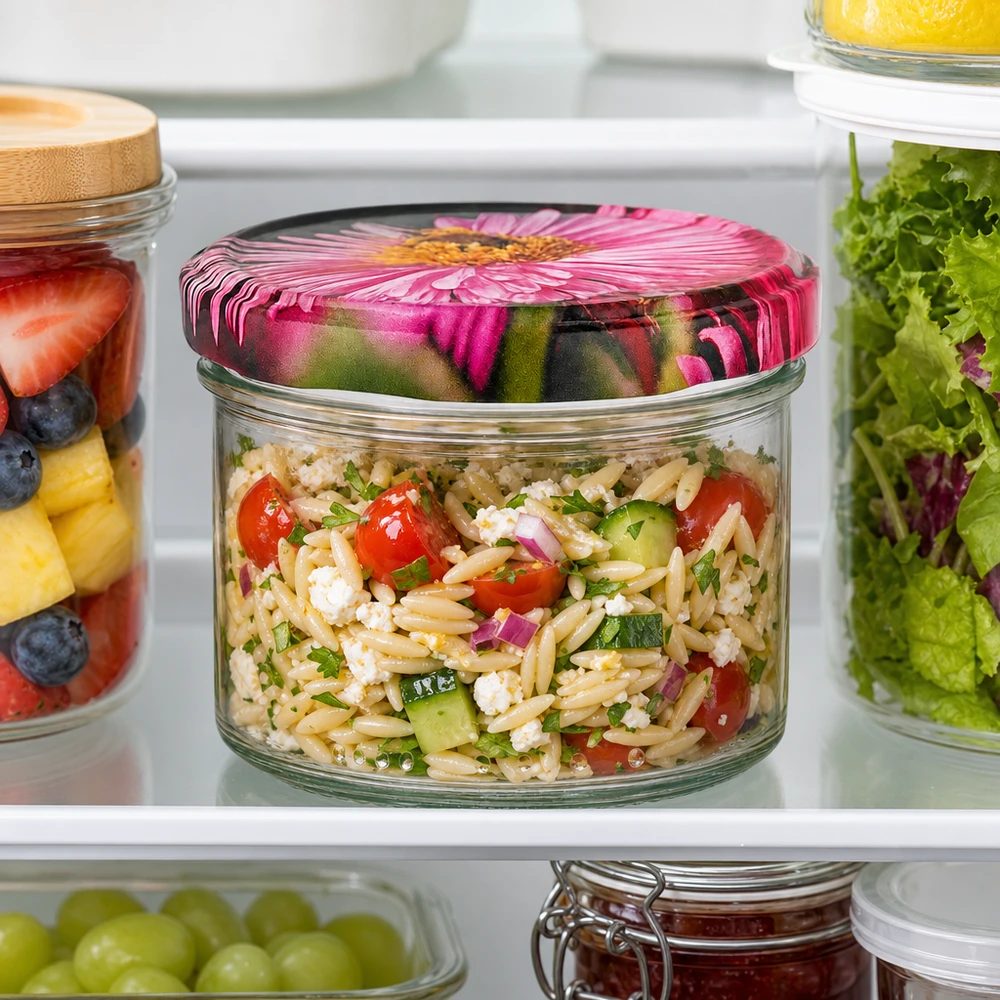 230ml Verre cylindrique vec couvercle BasicSeal decor floral UNiTWIST Pot de conservation 230ml couvercle rose à fleurs avec salade orzo dans le réfrigérateur BasicSeal fermeture Meal Prep boîte de conservation