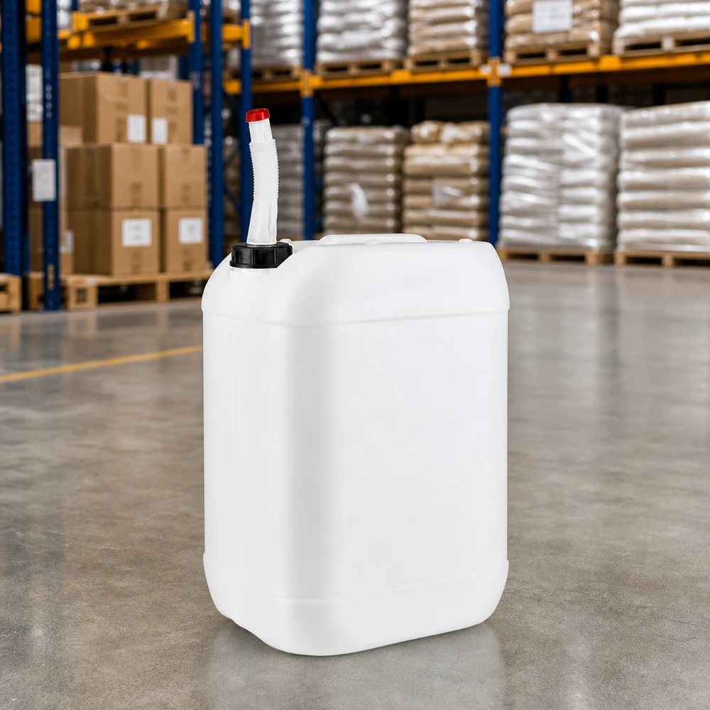 Bidon 25 litres avec tuyau d'écoulement Flex Bidon empilable de 25 litres en PEHD avec bec verseur flexible, destiné aux produits chimiques et aux produits d'entretien