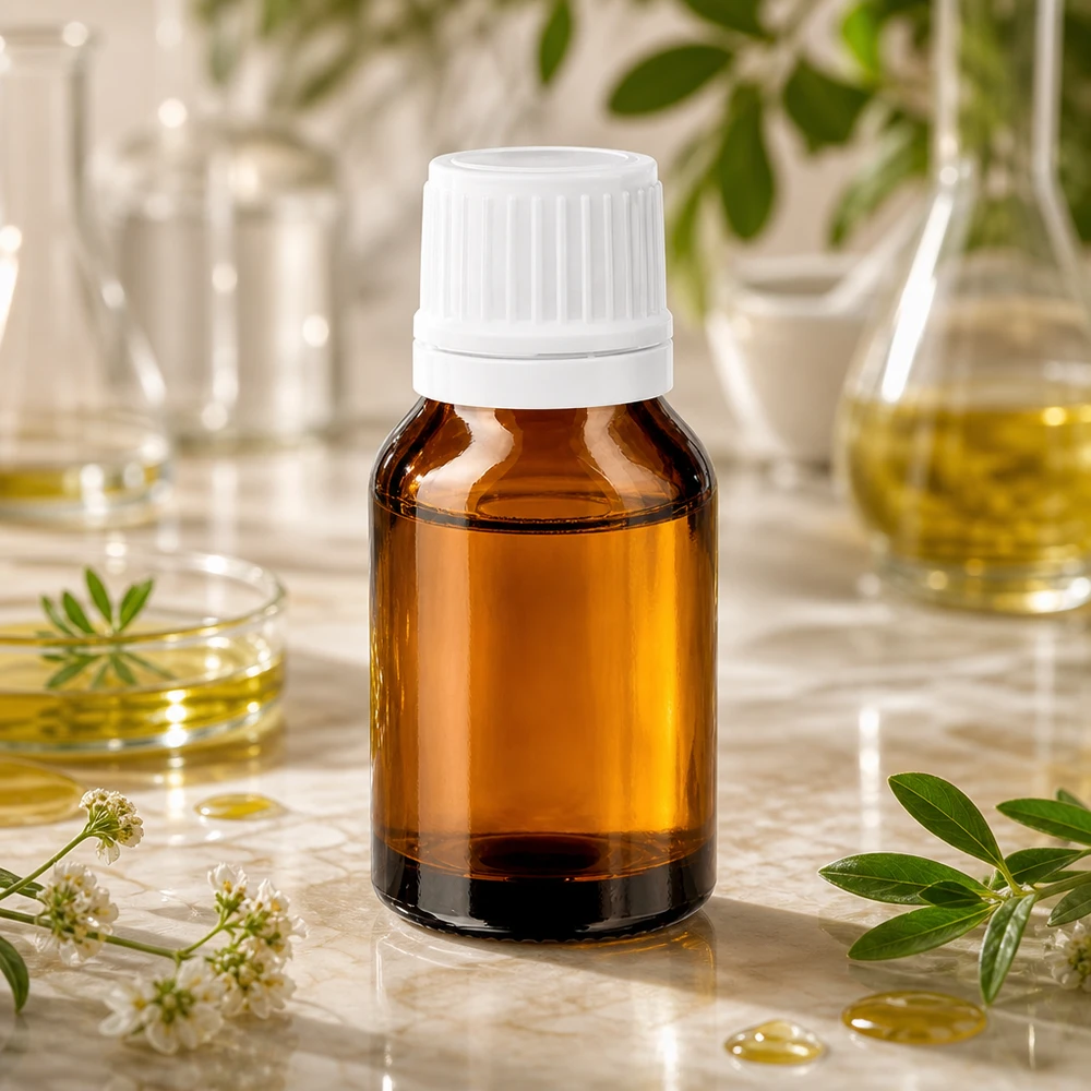 Flacon pharmaceutique en verre brun de 15 ml avec un compte-gouttes de 1,2 mm, entouré de fleurs blanches et d'herbes vertes