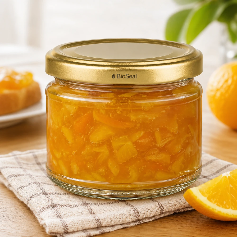 330ml Verre rond avec couvercle BioSeal or UNiTWIST UniTWIST Runda330 Pot de confiture avec couvercle TO82 BioSeal doré rempli de confiture d'orange sur table en bois