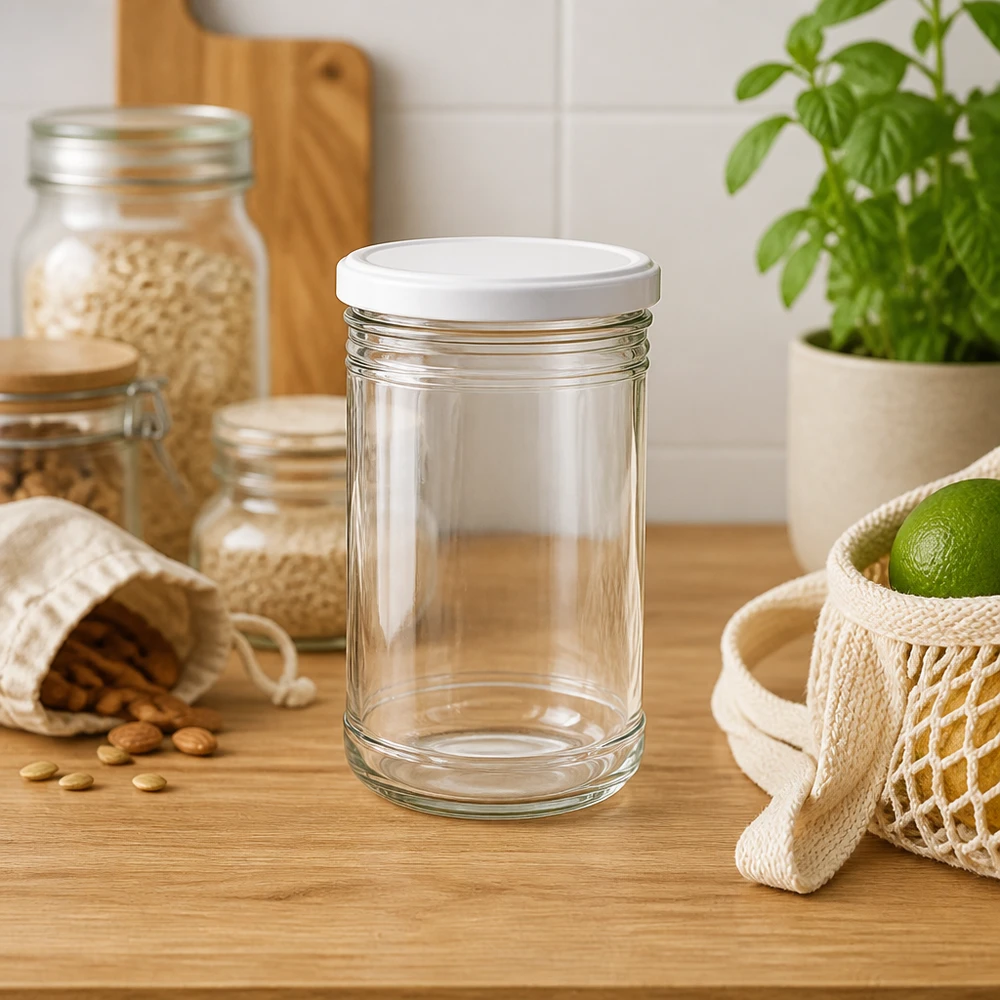 1053ml Verre conique avec couvercle BasicSeal blanc UNiTWIST 1053ml verre linteau vide sur plan de travail en bois dans cuisine moderne avec sac à provisions en filet et plante de basilic Lifestyle