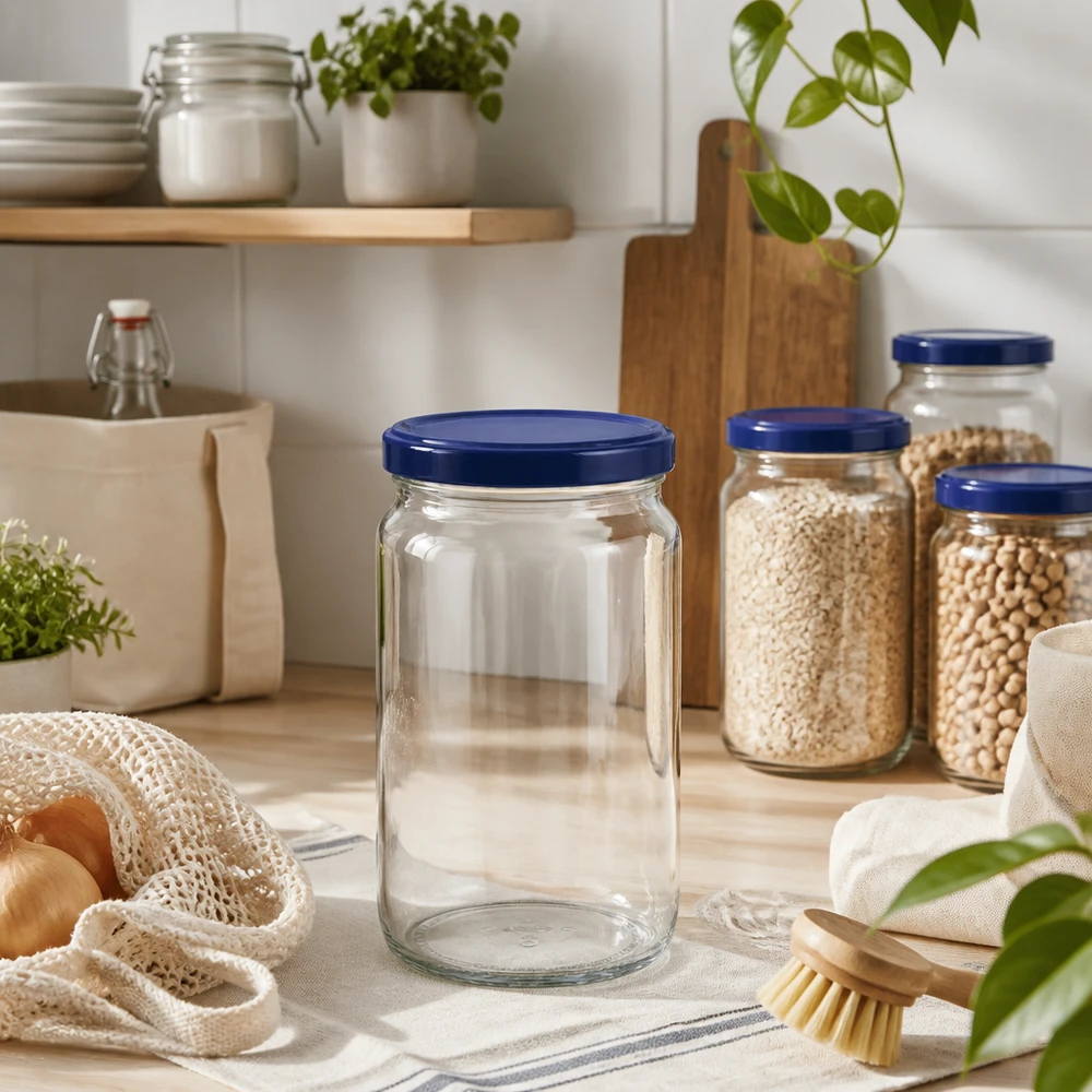 Bocal rond vide de 795ml avec couvercle bleu UNiTWIST dans une cuisine durable avec des bocaux à provisions et des éléments en bois