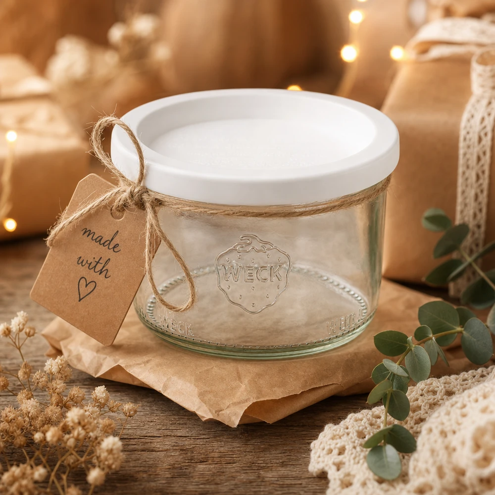 WECK Verre renversé 200ml RR80 comme cadeau décoré avec une corde de jute et un pendentif Made with Love sur une table en bois