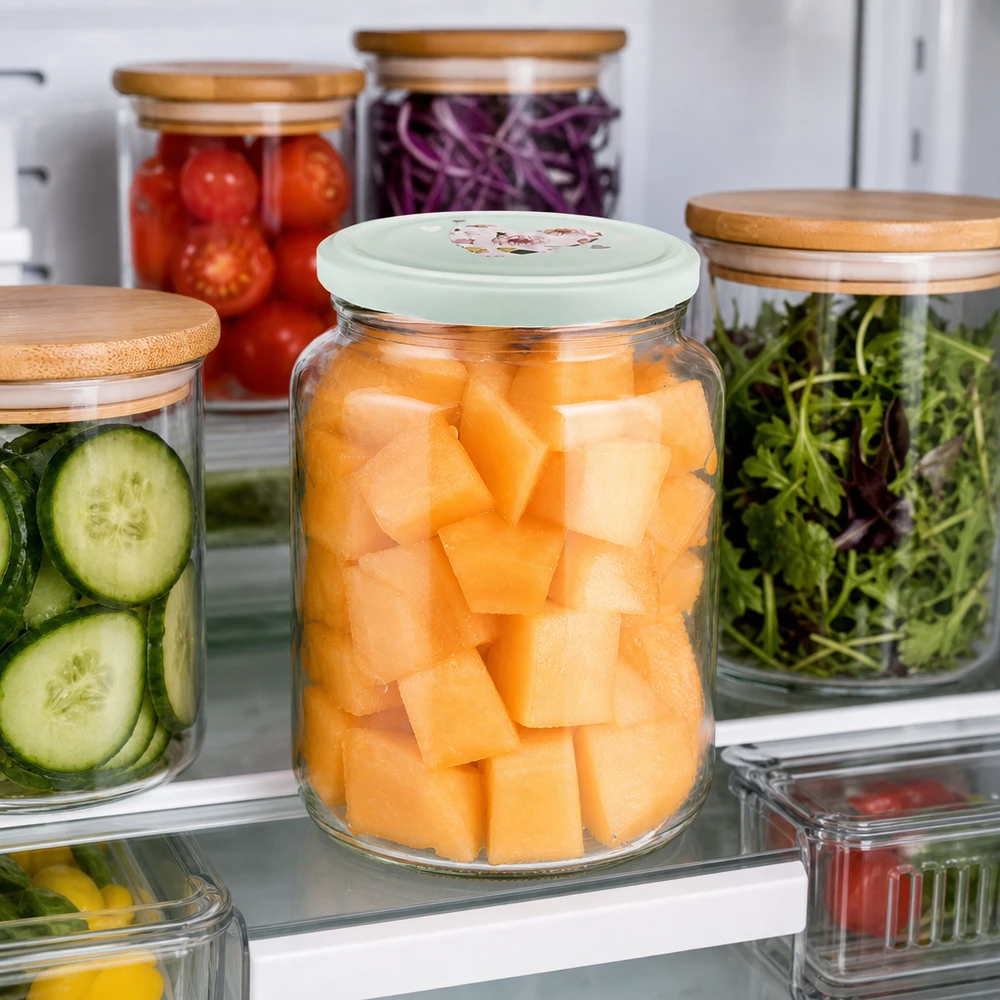 795ml pot rond menthe couvercle en forme de coeur dans le réfrigérateur avec des morceaux de melon préparés à côté des bocaux de stockage Meal Prep