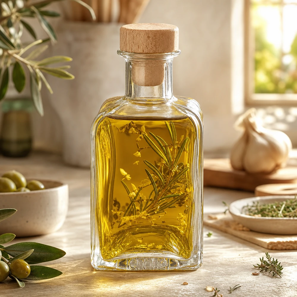 Flacon à pharmacie 200 ml « Clara » avec bouchon en bois UNiTWIST® Bouteille en verre Clara de 200ml remplie d'huile aux herbes Branche de romarin Bouchon en bois Décoration de cuisine Huiles d'épices méditerranéennes