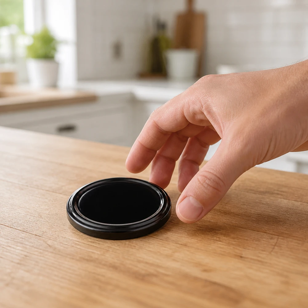Couvercle de bocal TO82 BasicSeal noir brillant de 82 mm sur une surface en bois dans une cuisine