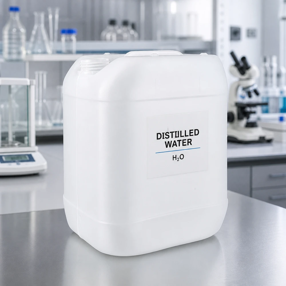 Jerrican de 20 litres sans bouchon Bidon de 20 litres sans bouchon, portant la mention « Eau distillée » sur la surface en acier inoxydable
