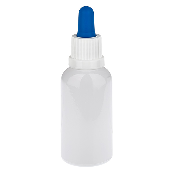 Flacon pipette 30 ml blanc/bleu avec bouchon inviolable WhiteLine UT18/30 Flacon pipette 30 ml blanc/bleu avec bouchon inviolable WhiteLine UT18/30