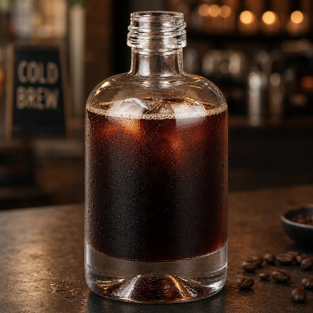 Bouteille en verre Sara de 40 ml remplie de café Cold Brew entouré de grains de café dans une atmosphère de café sans bouchon