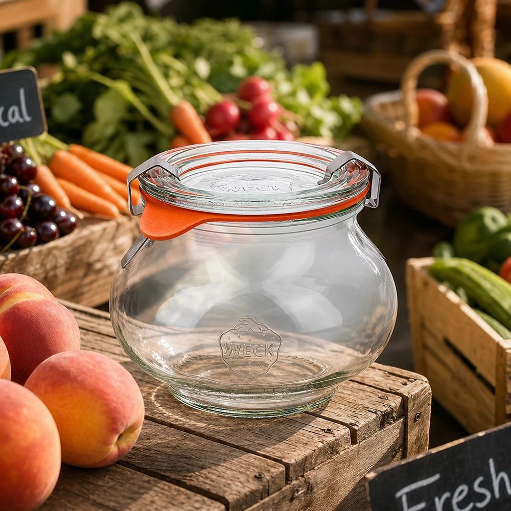 WECK Pot à bijoux 220ml RR60 sur table en bois avec fruits et légumes frais, pot décoratif dans une ambiance de marché