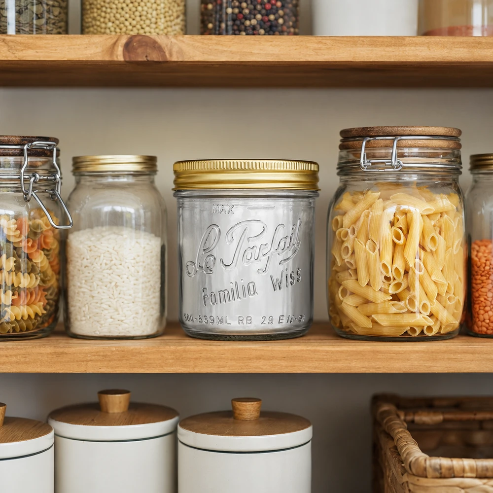 Verre renversé Familia Wiss 539ml avec couvercle doré dans un garde-manger organisé entre les bocaux de pâtes et de riz