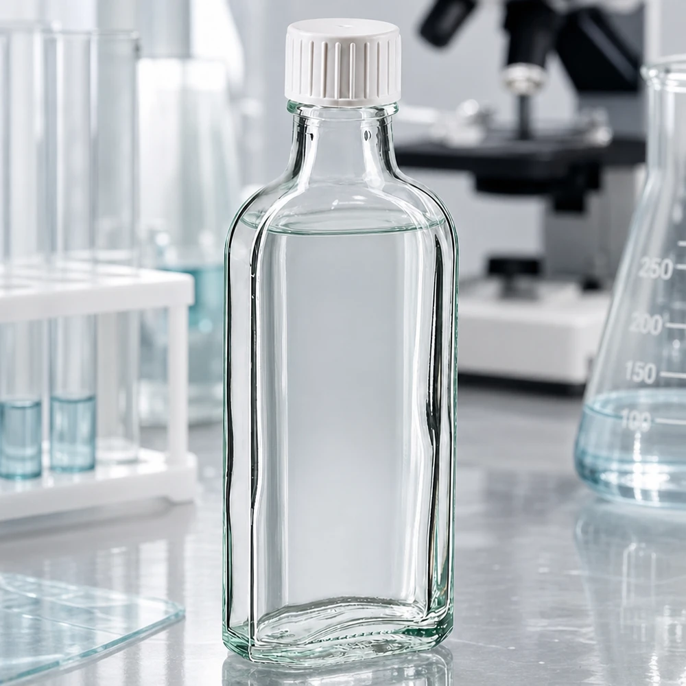 Flasque transparente de 100 ml au goulot DIN 22, avec bouchon à vis DIN 22 blanc et bague anti-gouttes Flacon pharmaceutique rectangulaire transparent de 100 ml, muni d'un bouchon en plastique nervuré et d'un bec verseur intégré