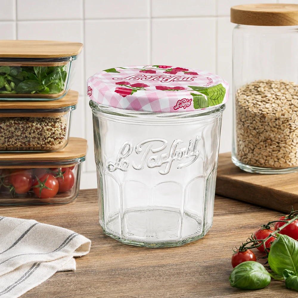 324ml Le Parfait verre linteau vide sur planche en bois dans cuisine moderne avec bocaux à provisions et tomates fraîches