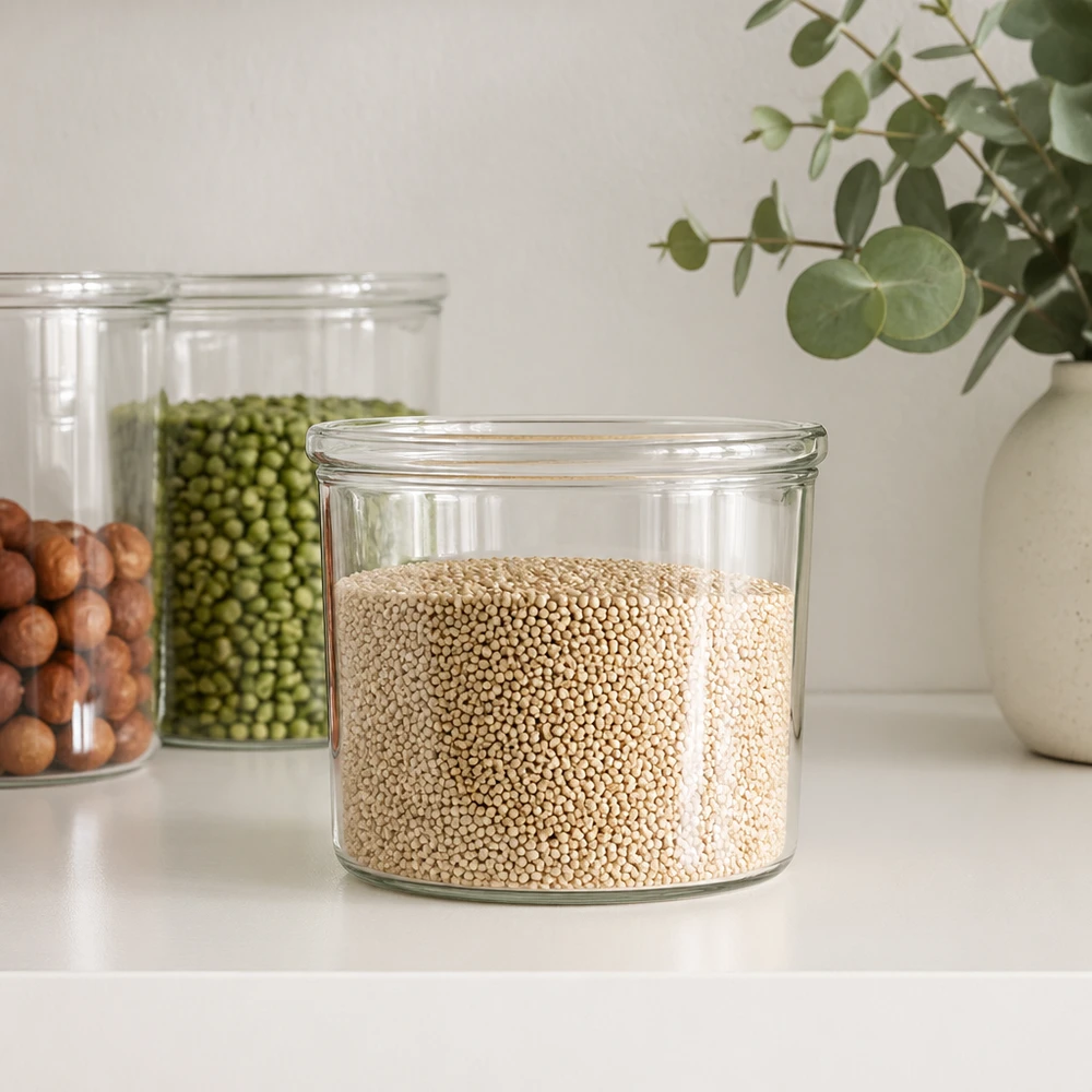 WECK Pot renversé 35ml RR40 rempli de quinoa à côté d'autres bocaux de conservation avec des légumineuses dans la cuisine moderne