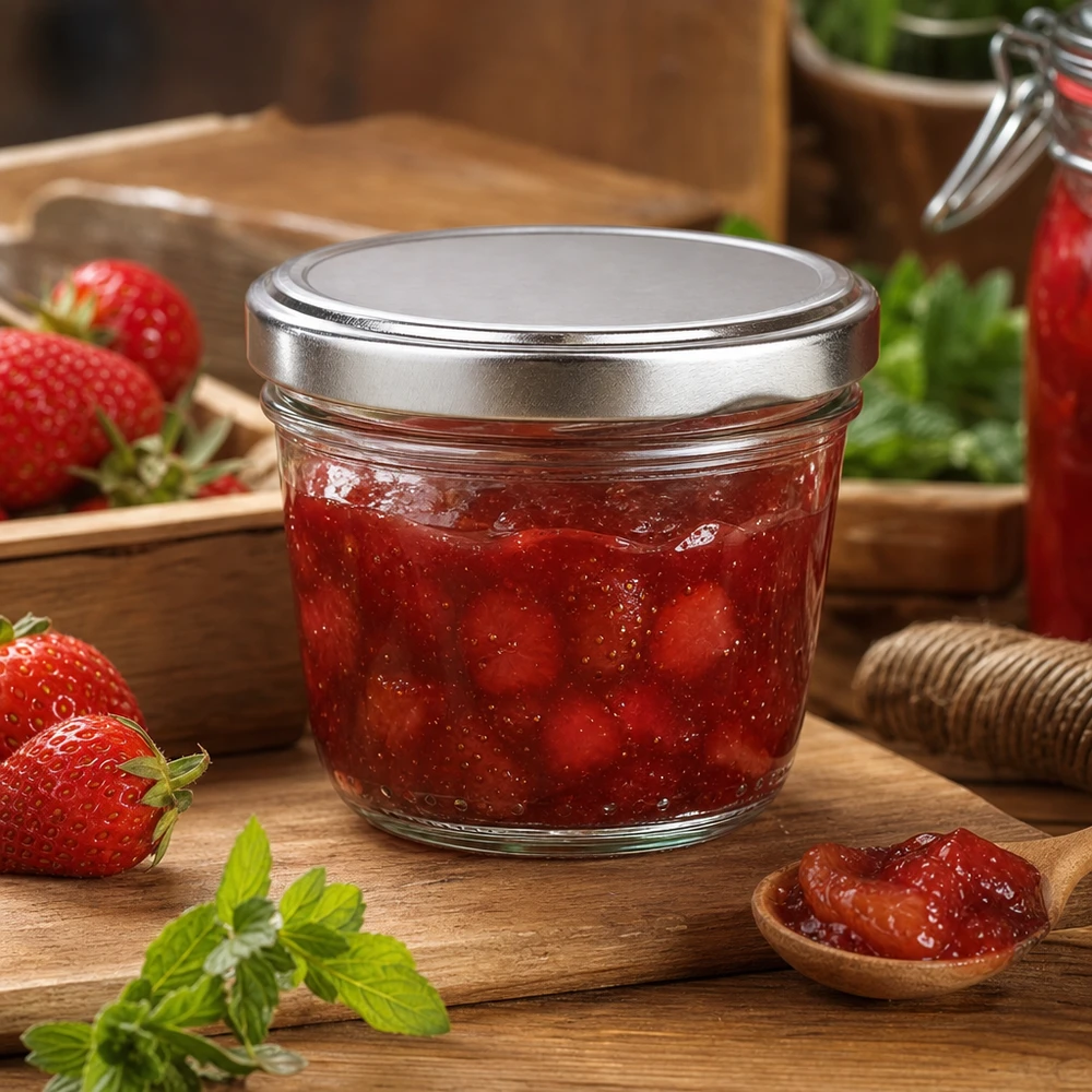 230ml Verre conique avec couvercle BasicSeal argent UNiTWIST Pot renversé de 230 ml avec couvercle BasicSeal argenté rempli de confiture de fraises sur planche en bois avec fraises fraîches