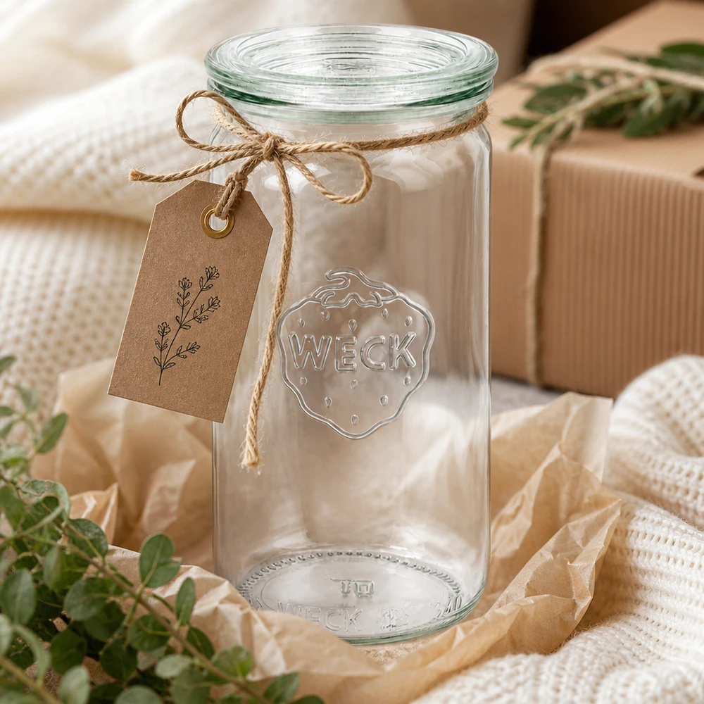 340ml bocal cylindrique avec bouchon en verre WECK RR60 WECK 340ml pot cylindrique RR60 décoratif avec corde de jute et étiquette comme emballage cadeau sur textile beige
