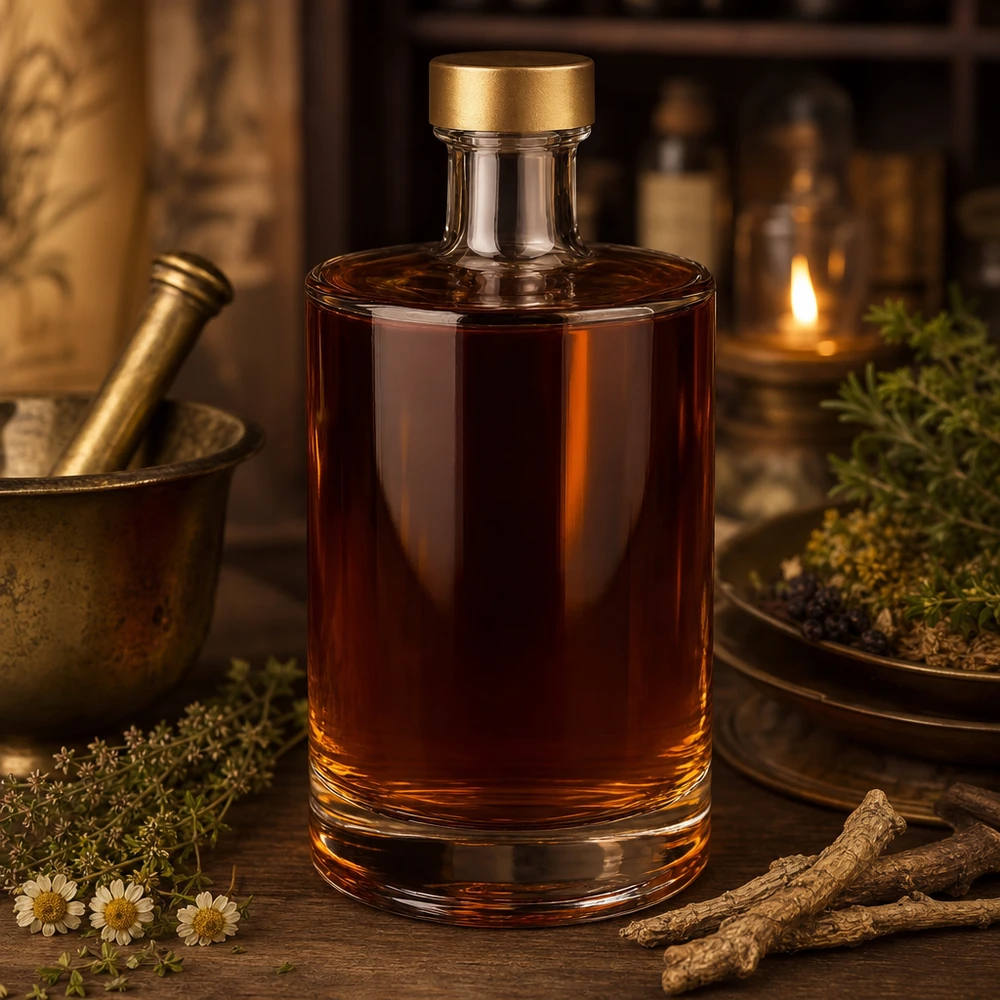 Bouteille en verre de 500ml Sam avec bouchon doré UNiTWIST remplie de liquide brun herbes rustiques décoration