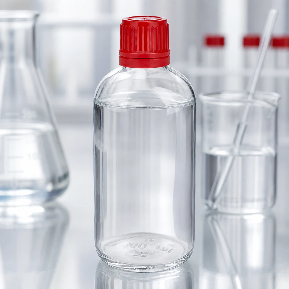 Flacon 100ml 11mm SV rouge OV ClearLine UT18/100 Flacon de laboratoire cylindrique ClearLine de 100 ml avec bouchon de sécurité rouge, destiné à un usage en laboratoire