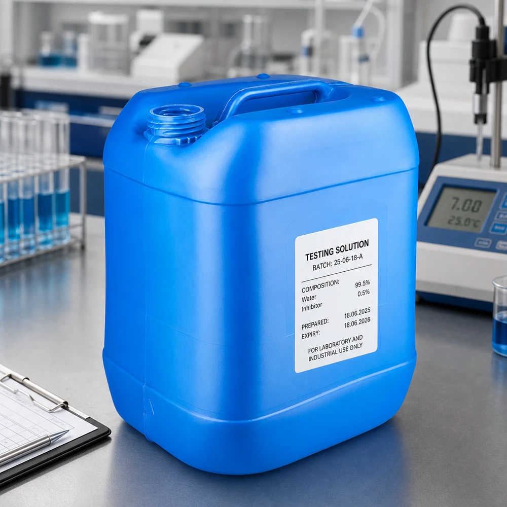 Bidon industriel de 20 L, bleu, avec étiquette, destiné à un usage en laboratoire, sans bouchon à vis