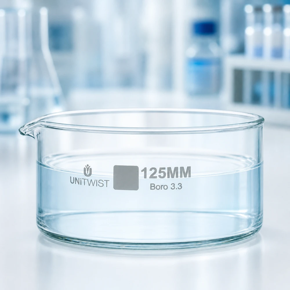 Coupelle de cristallisation UNiTWIST 125 mm en verre borosilicaté transparent et résistant à la chaleur, sur fond de laboratoire