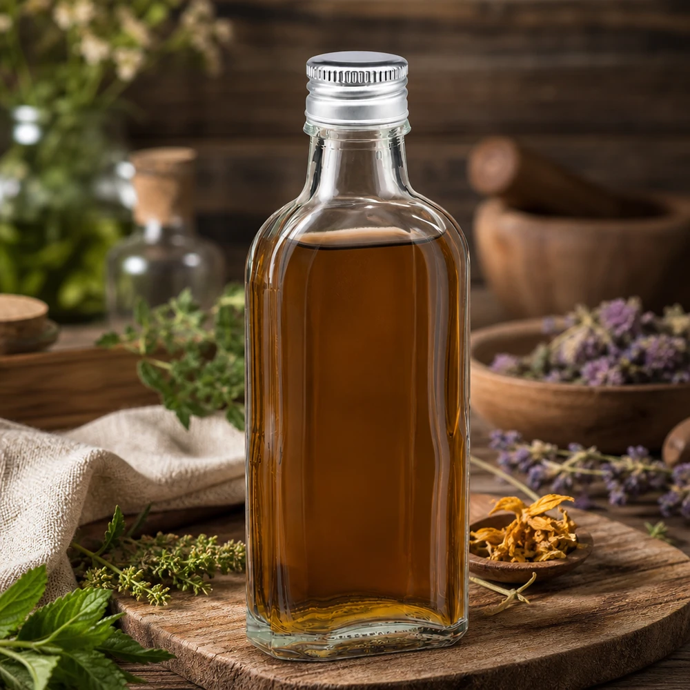 Flacon Meplat de 100 ml en verre transparent avec bouchon en aluminium PP22 argenté pour essences d'herbes