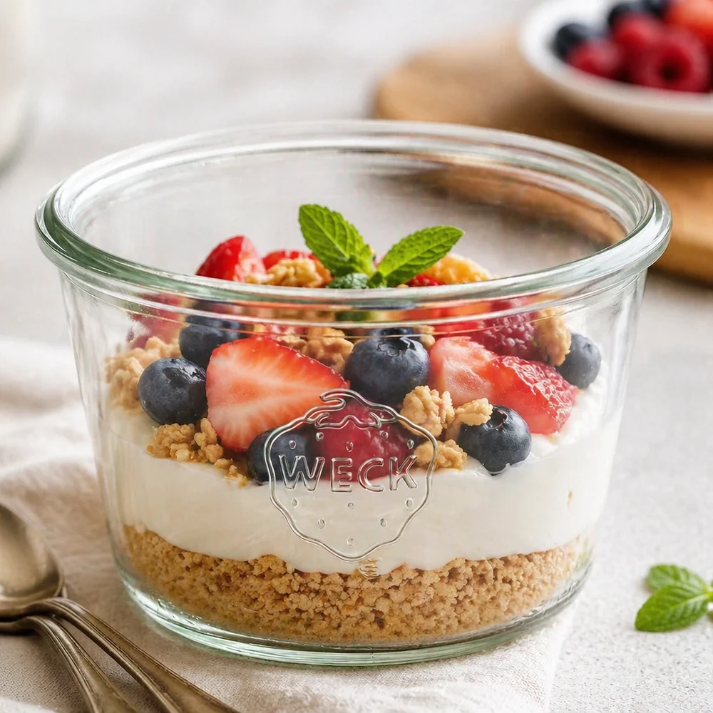 WECK Verre renversé 370ml RR100 rempli de yaourt Baies Muesli sur table en bois blanc