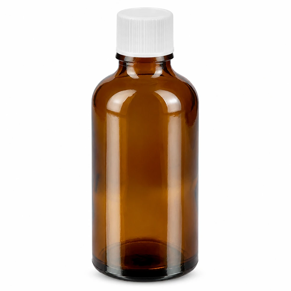 Flacon de 50ml 11mm SV blanc STD BrownLine UT18/50 Flacon en verre brun de 50ml avec bouchon à vis blanc pour médicaments et huiles essentielles