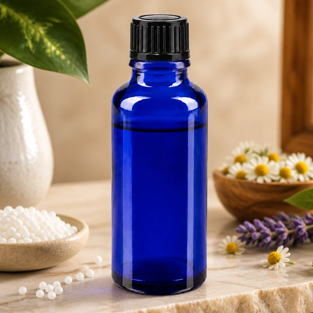 Orifice de versement précis de 1 mm sur un flacon en verre STD bleu de 30 ml pour un dosage précis des huiles essentielles