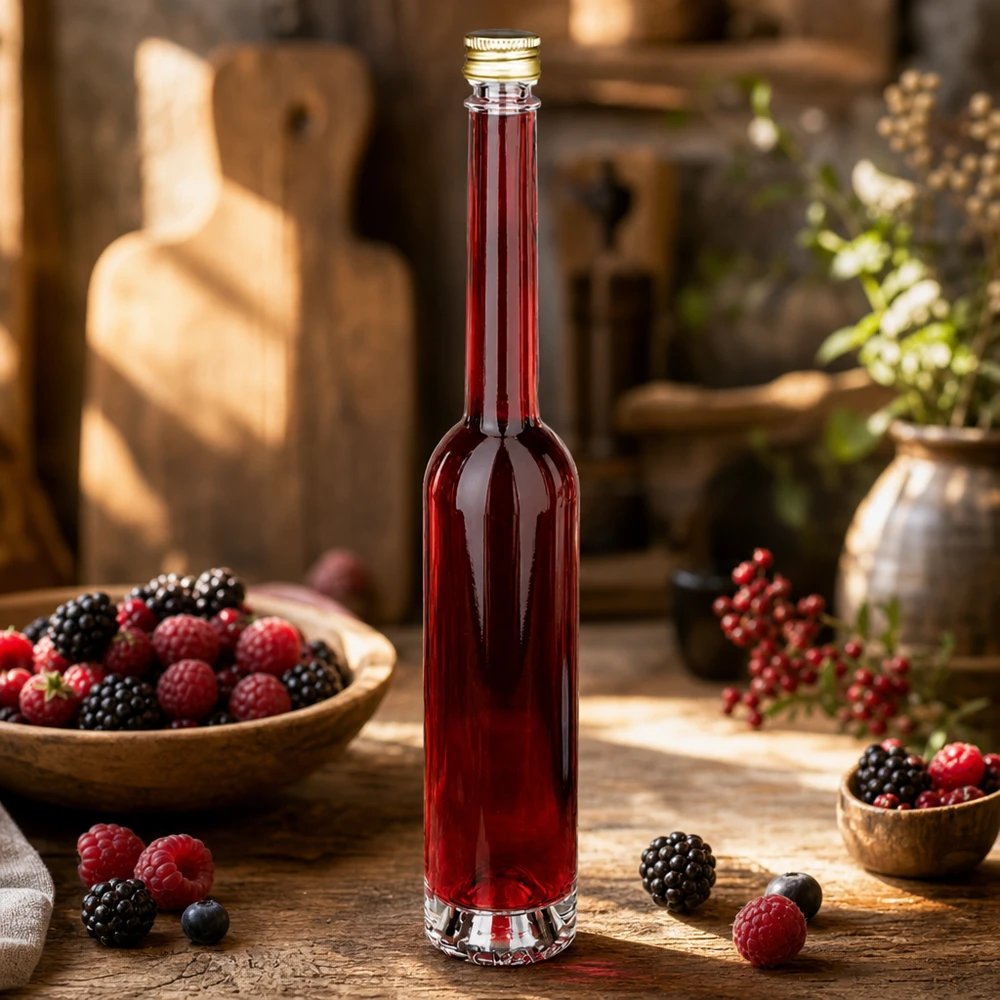 Bouteille en verre 100 ml « Toni » et bouchon à vis argenté UNiTWIST® Bouteille en verre Toni de 100 ml remplie de liqueur de baies - bouchon doré UNiTWIST dans une cuisine rustique avec des baies fraîches
