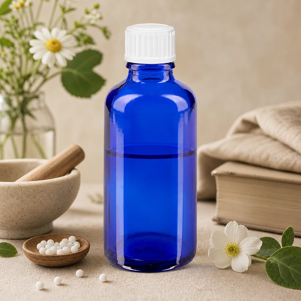 Flacon compte-gouttes ApoGlas de 50 ml, bleu cobalt, avec un embout de 0,9 mm, à côté d'une petite coupelle en bois et de granules