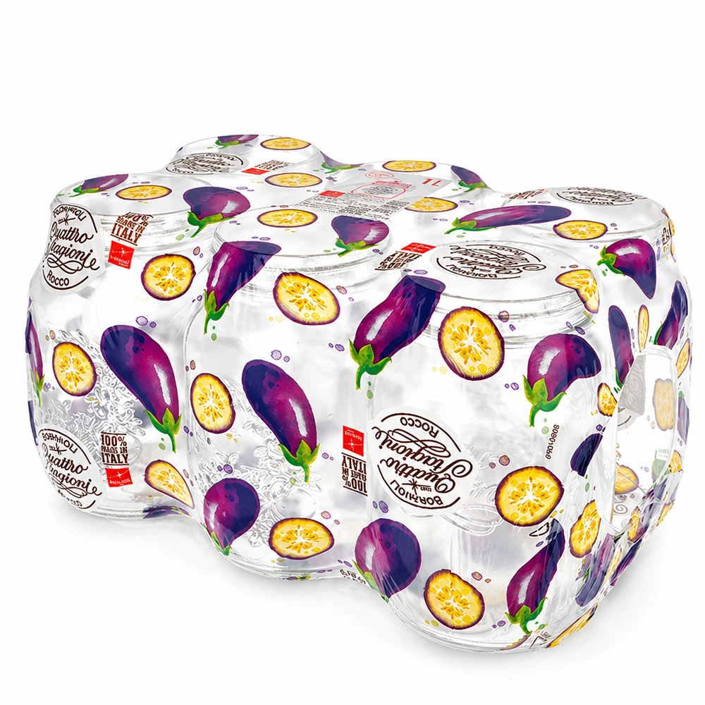 Verre rond 1000ml « Quattro Stagioni » avec couvercle Quattro Stagioni 1000ml bocaux en verre avec emballage décoratif aubergine-fruits set de bocaux italiens