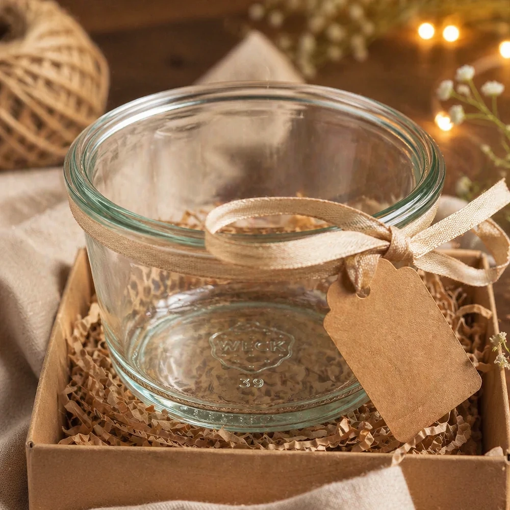 WECK Gourmetglas RR80 165ml comme cadeau emballé dans une boîte en bois avec un ruban et un pendentif pour la présentation
