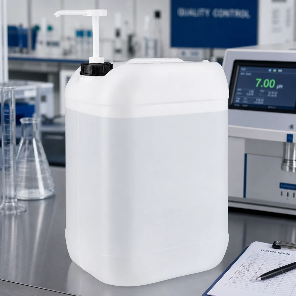 Récipient en plastique de 25 litres muni d'un distributeur à pompe, posé sur un plan de travail de laboratoire en acier inoxydable, à côté d'un pH-mètre