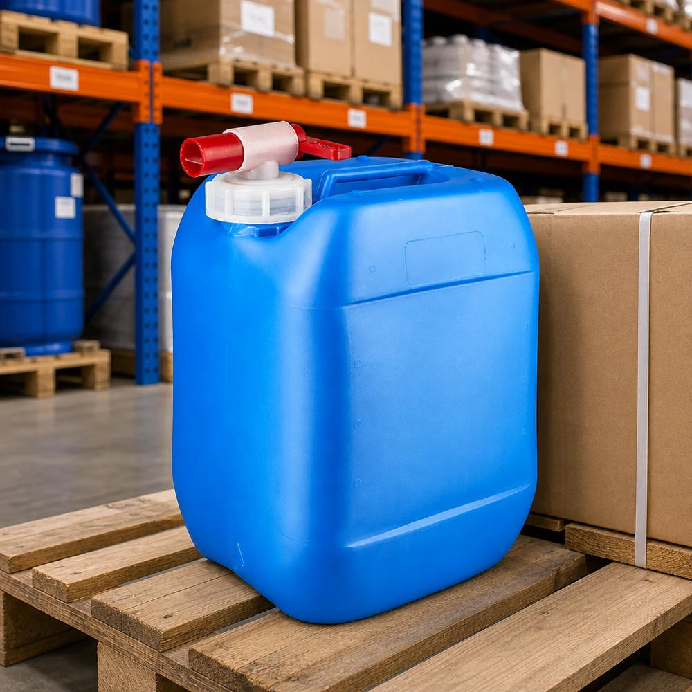 Récipient portable pour liquides de 10 L, bleu, avec robinet rouge, pour un stockage sûr des produits chimiques